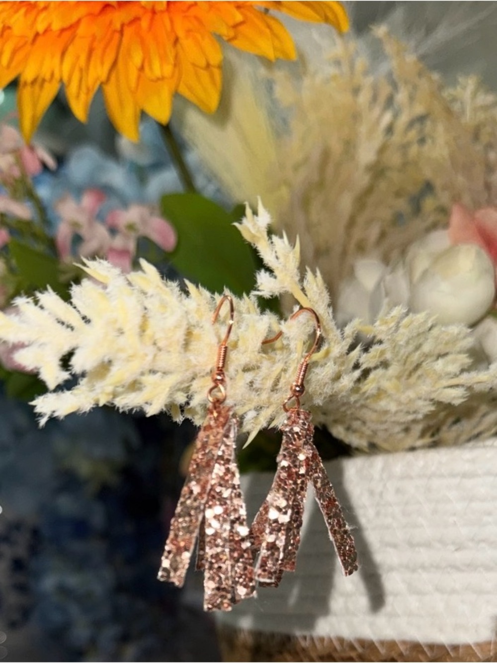 Rose Gold Glitter Fringe Drop Earrings Handmade